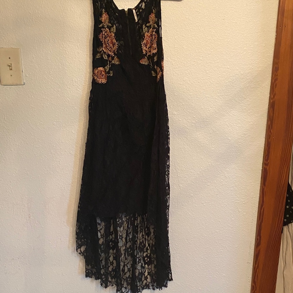 Free People Black Lace High-Low Dress with Rose Embroidery